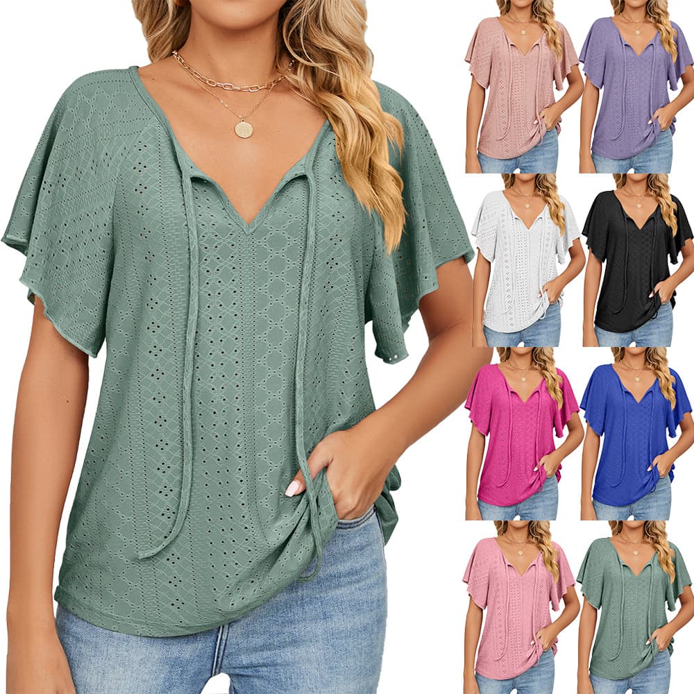 Women's Clothing Casual Solid V-Neck Lace-up Short Sleeve Loose T-shirts Tops