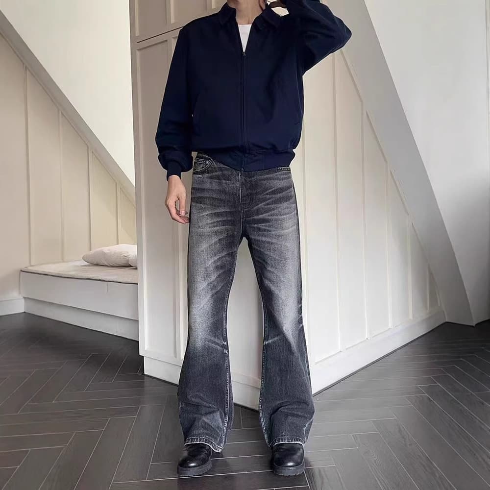 Men's Clothing Retro Vintage Niche Design Retro Washed Black Bootcut Jeans