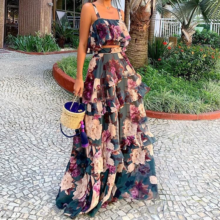 Women’s Clothing Summer Beach Edge Fade Print Two Piece Suspender Top+Cake Skirt Long Dress Set For Women