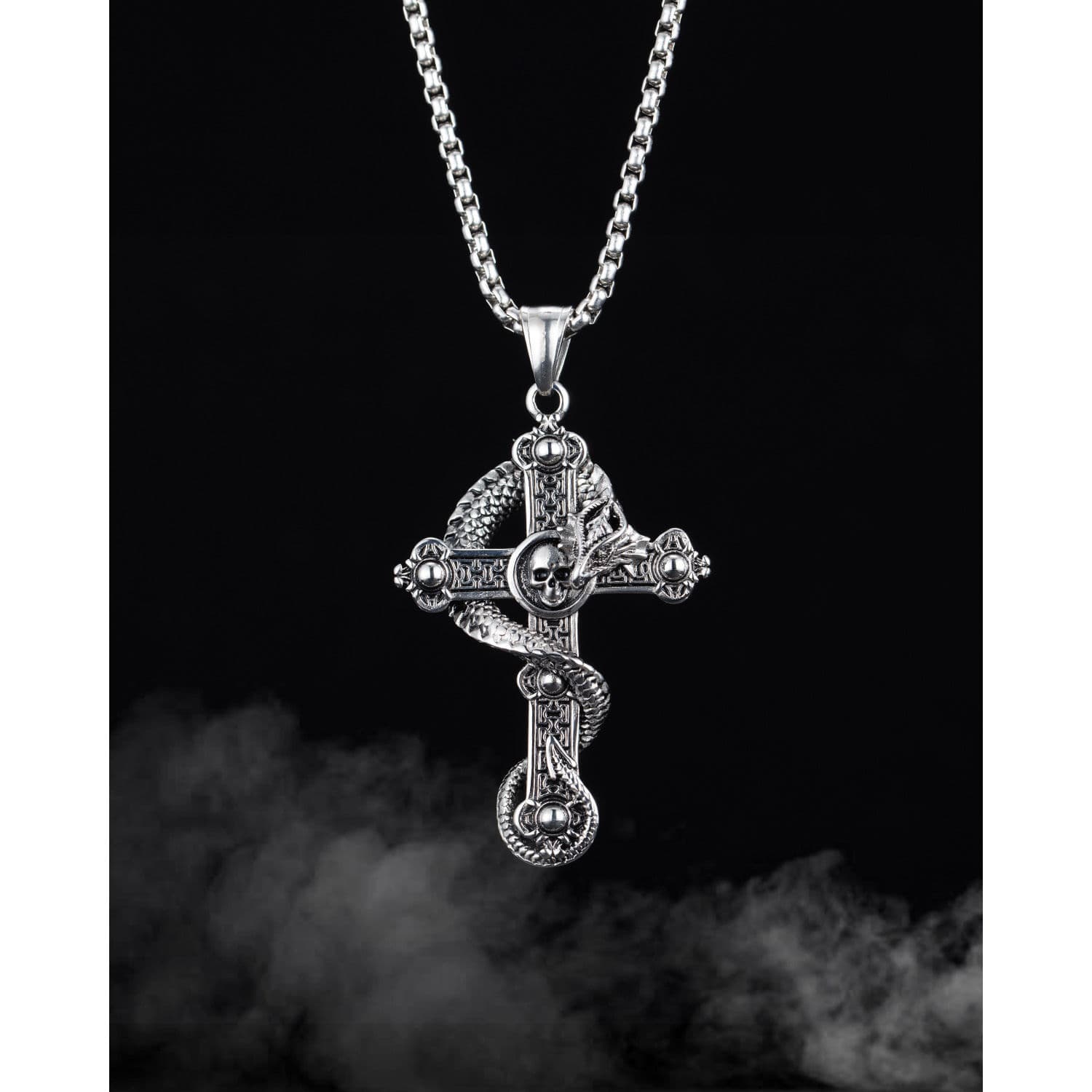New Titanium Steel with Skull Cross Pendant, Personalized Hip Hop Panlong Men's Necklace