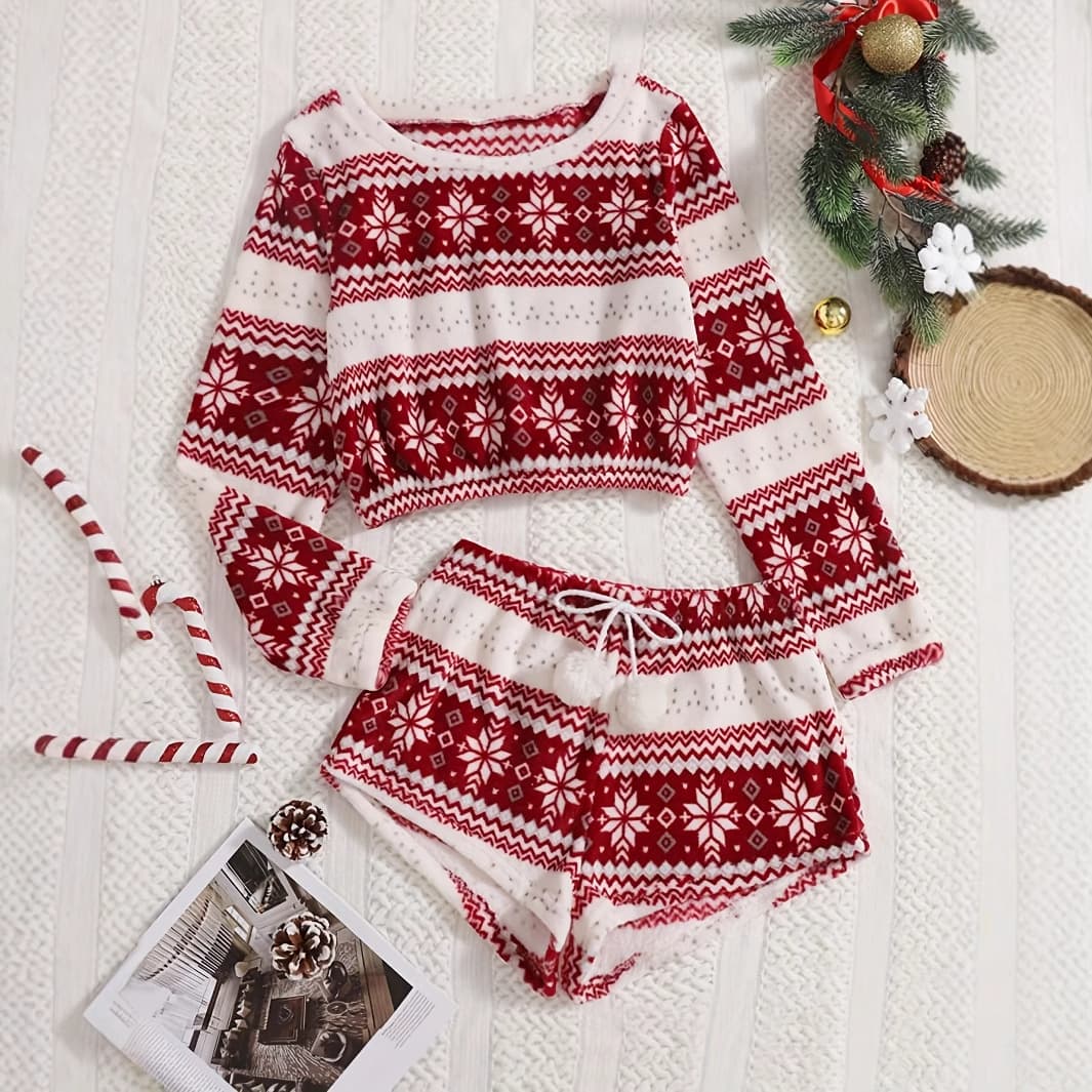 Christmas Flannel Pajama Set With Pom-Pom Trim – Long Sleeve Top & Shorts, Cozy Winter Loungewear (Red/Black/Blue/Deer Print)