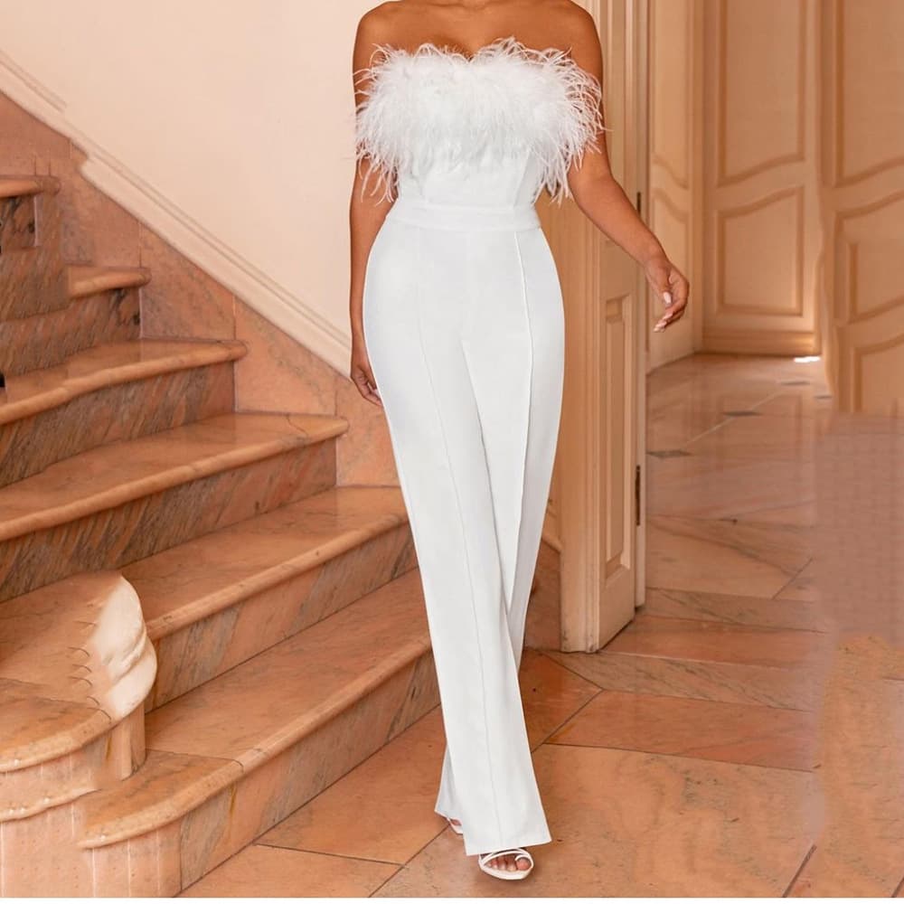 Women's Clothing spring and summer new women's clothing feather tube top color pants one shoulder backless sexy jumpsuit women