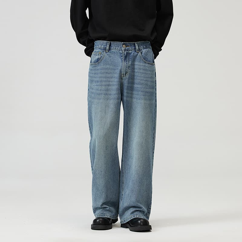 Men's Clothing Straight Half Elastic Waist Jeans Washed Vintage Wide Leg Long Pants