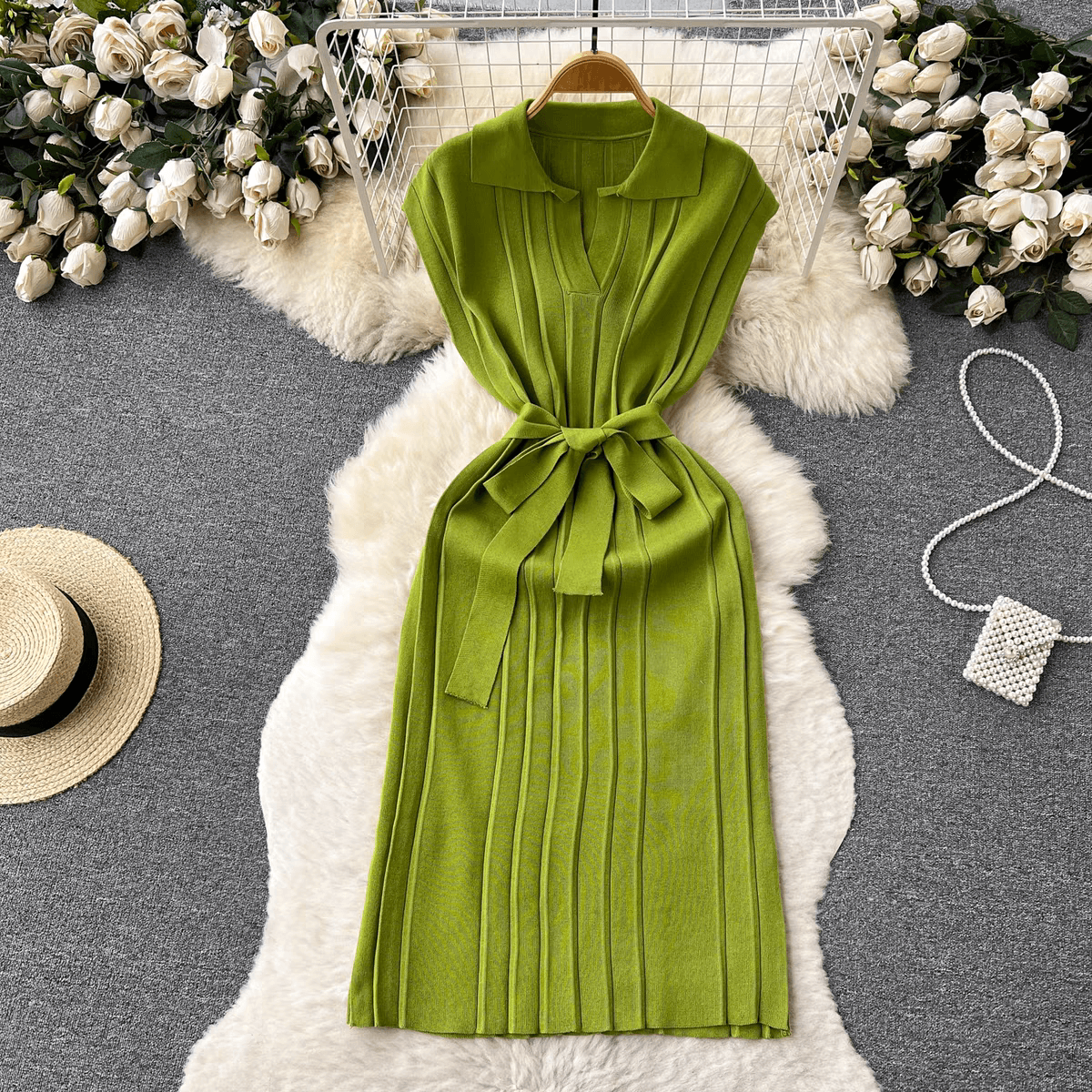 Women's Clothing tie waist and slim temperament retro polo collar knitted skirt mid-length sleeveless vest skirt