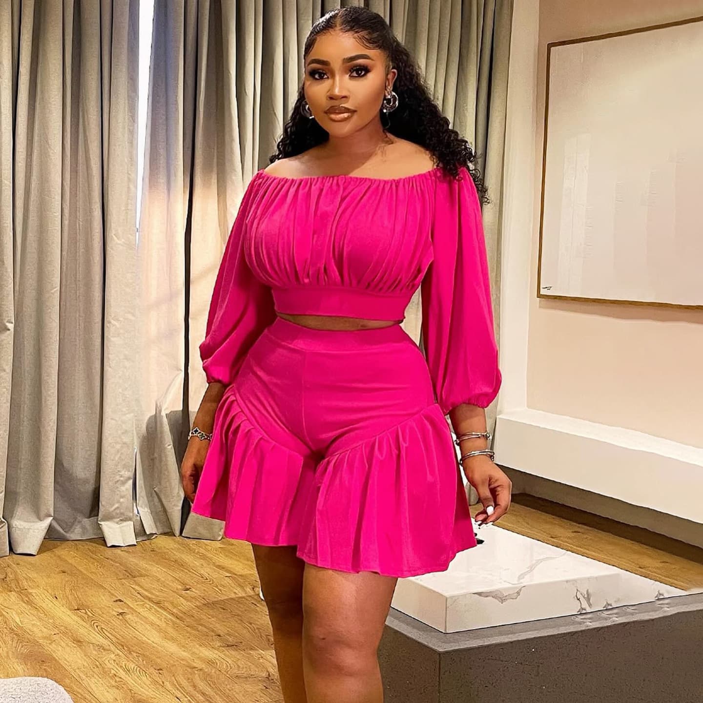 Women's Clothing Large Size Women's Clothing New Pleated One Shoulder Collar Fluffy Waist Casual Two Piece Suit
