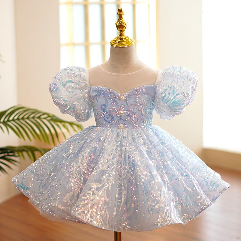 Children's Dress Light Luxury Niche High End Girl Piano Performance Costume Flower Girl Wedding Little Girl Blue Princess Dress