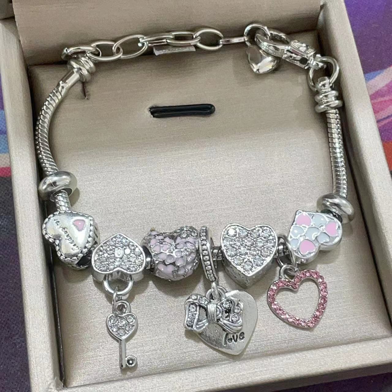 Pan's Beaded Bracelet Pink Multi-Element Heart Key DIY Fashion Versatile Jewelry