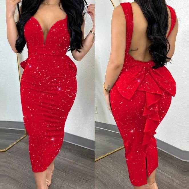 Women's Clothing Elegant Pure Color Hip Wrapped Backless Deep V High Waist Bow Elastic Slit Dress