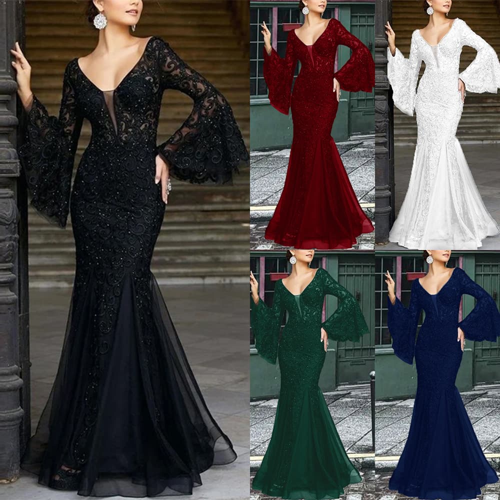 Women's Dress Lace Embroidery Fishtail Black Slim Evening Dress