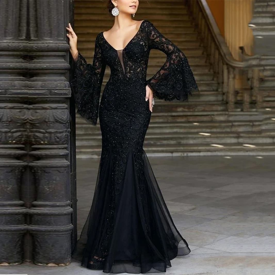 Women’s Clothing Lace evening dress new elegant sexy slim fishtail long banquet dress female black anchor summer