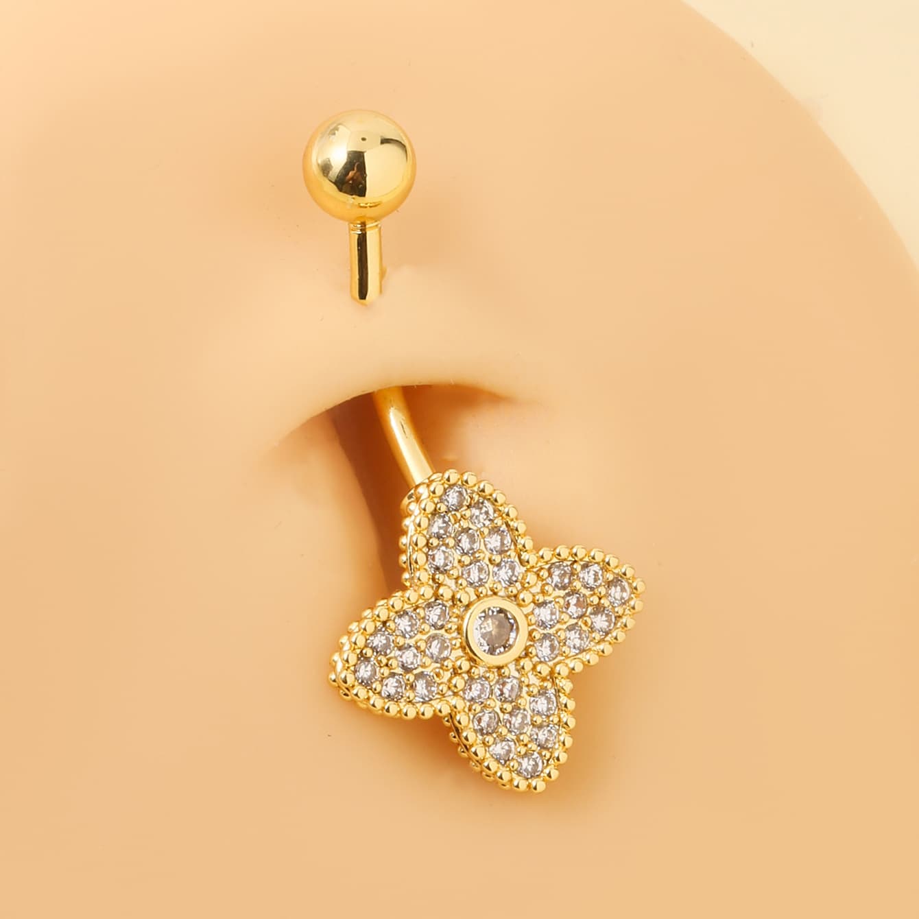 Foreign Trade Body Piercing Ring Lucky Four-Leaf Clover Inlaid Diamond Stud For Women Niche Design Small Grass Navel