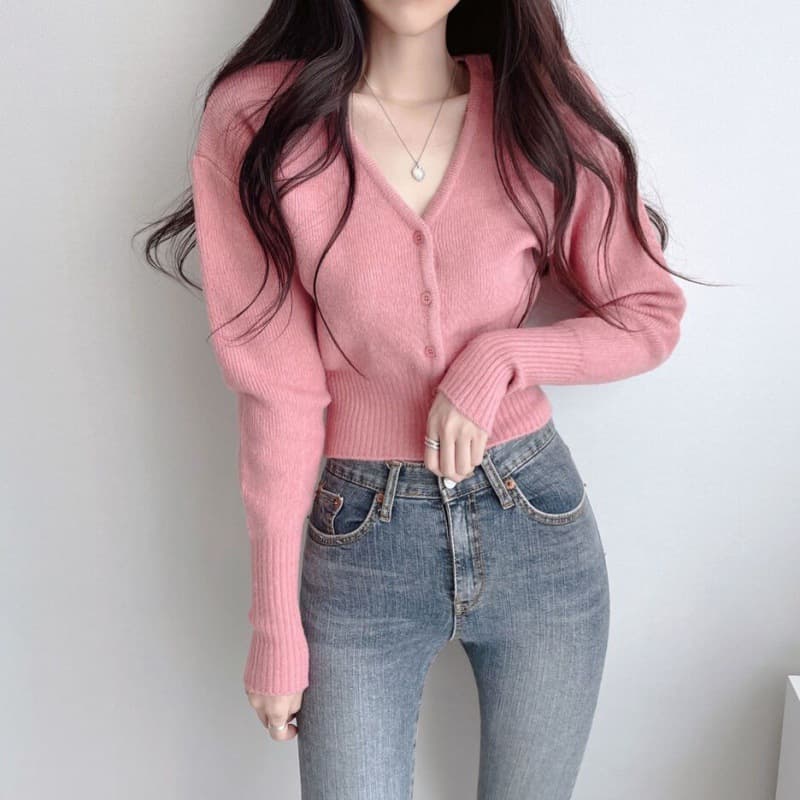 Women's Korean style autumn and winter new V-neck knitted cardigan jacket with temperament solid color versatile long-sleeved slim short sweater top