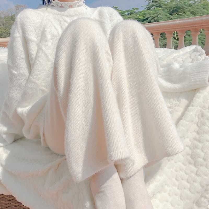 Women's Cream Knit Flared Pants - High Waist Wide Leg Winter Fleece-Lined Trousers For Casual & Office Wear