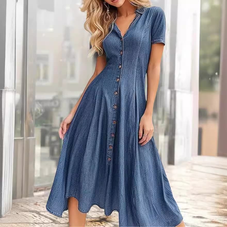 Women's Clothing New Summer Short Sleeved V Neck Denim Dress