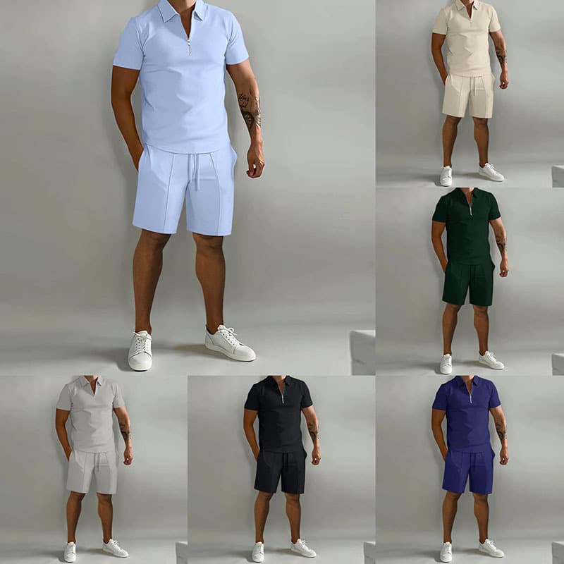 Men's Leisure Sports Suit Stand-up Collar Short-Sleeved Shorts Two-piece Suit Men's Fashion Slim POLO Shirt