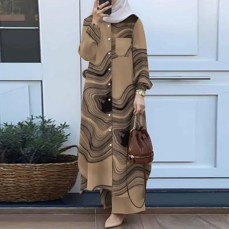 Women's Fashion Printed Robe Suit Women's Long-sleeved Button-down Shirt And Trousers Two-piece Suit