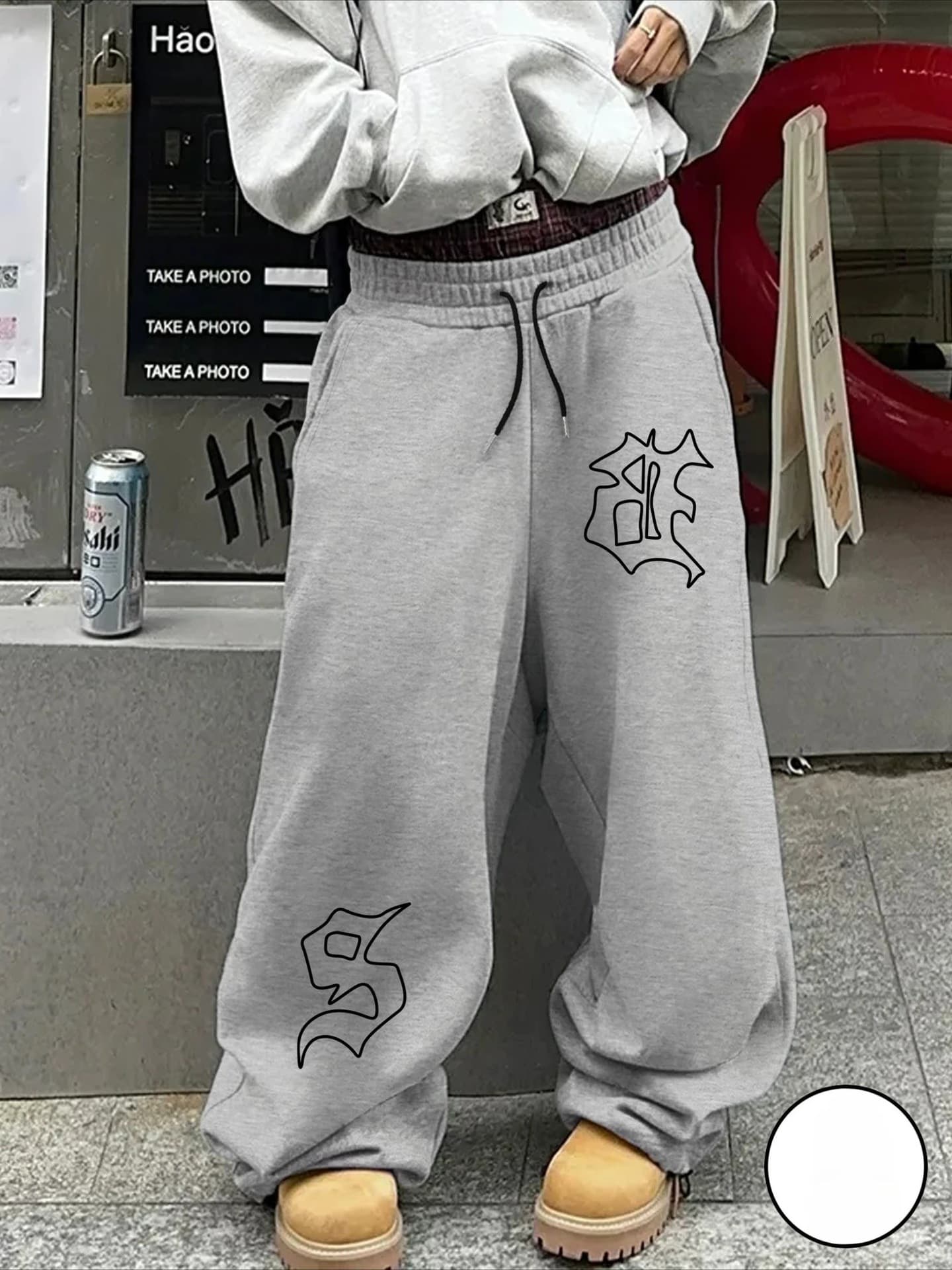 Pantalon de jogging unisexe ample à imprimé gothique avec cordon de serrage à la taille - Style Y2K, coupe décontractée, pour hommes et femmes