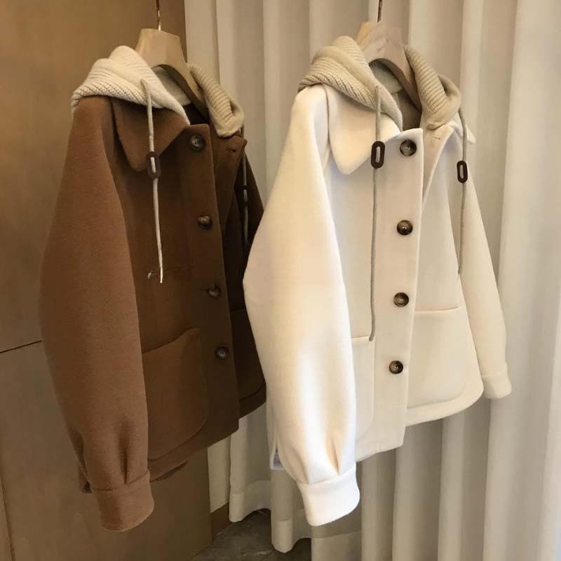 ​​Plus Size Fleece-Lined Hooded Coat – Oversized Knit Blended Tunic (Beige/Brown, M-4XL) – Warm Winter Layering For Curvy Women​​