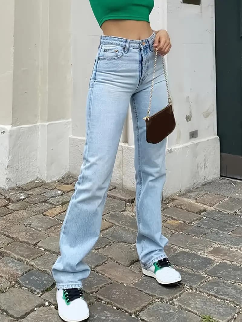 Women's Jeans High-waist Slim Straight Denim Trousers Hot Trend