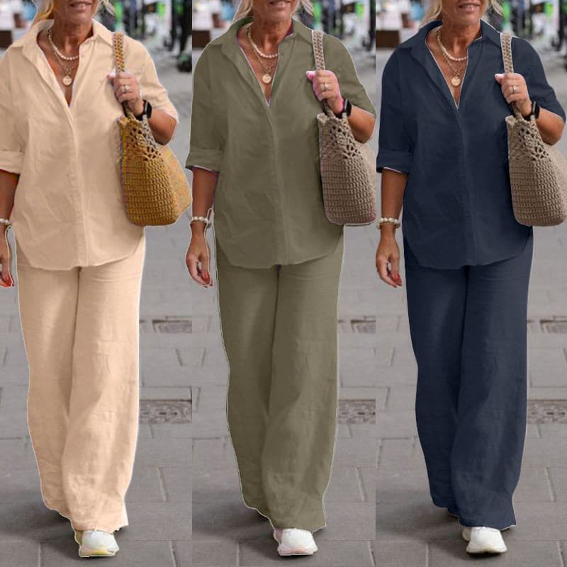 Women's Clothing women's two piece set women's lapel long sleeved shirt spring and autumn casual solid color pants wide leg suit