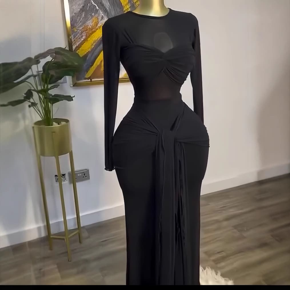 Women's Clothing Early Spring Solid Color Long Sleeved Round Neck Wrap Chest Tight Temperament Long Dress
