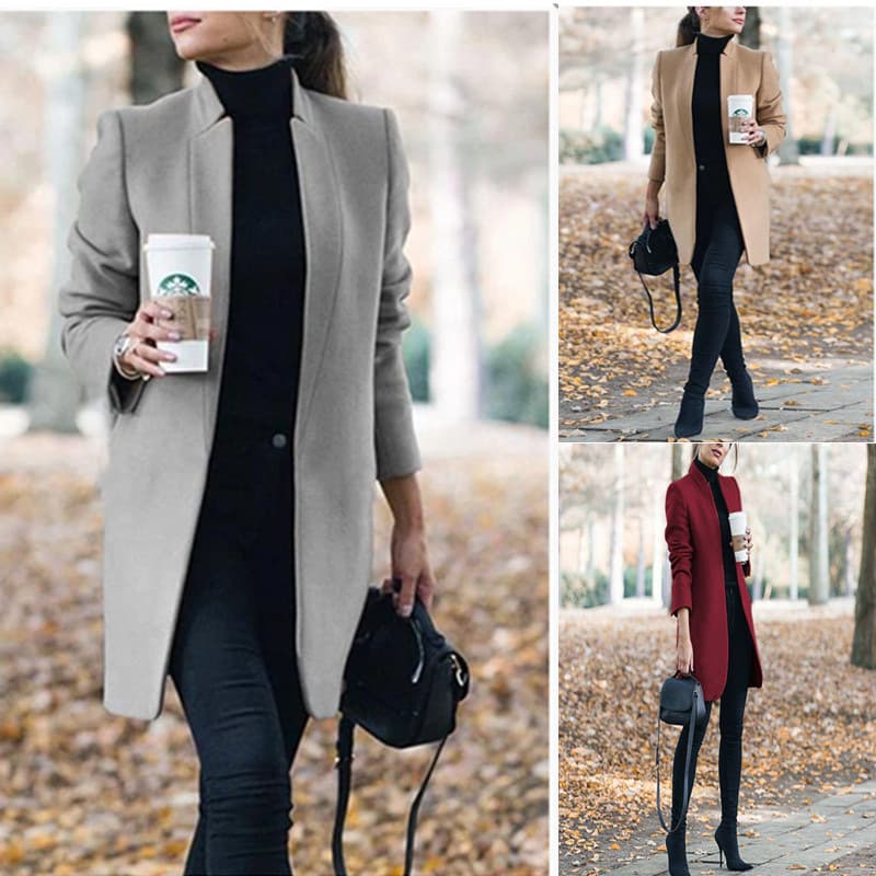 Women's Fashion Clear Color Thin Long Sleeve Woolen Coat