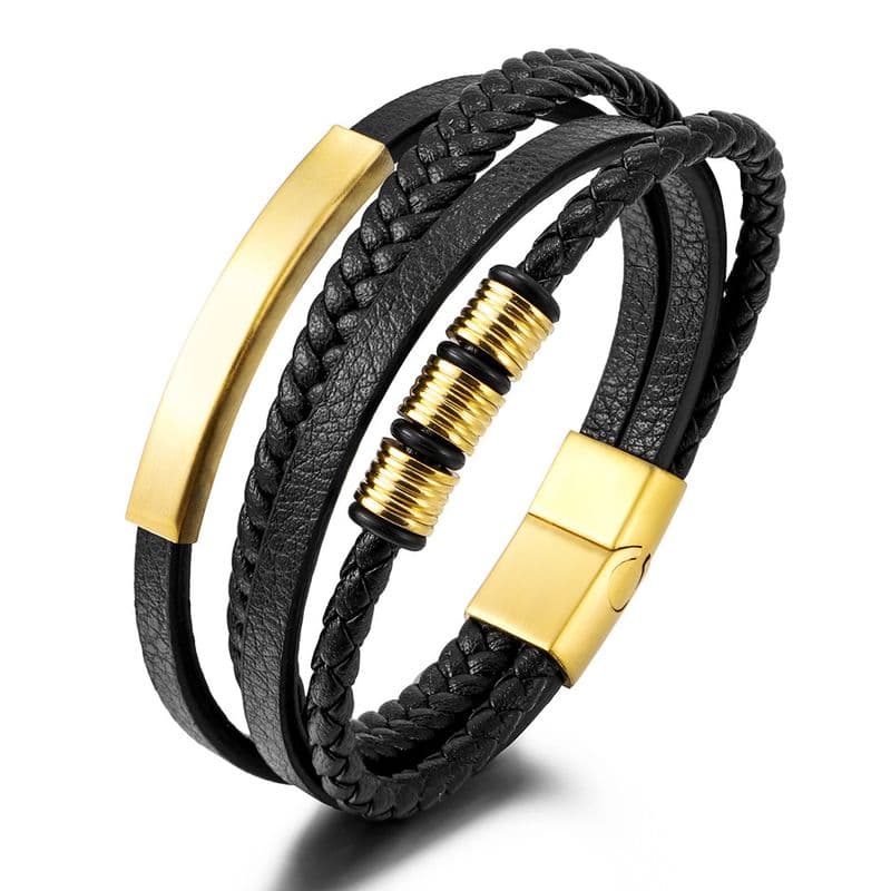 Stainless Steel Multi-layer Black Leather Woven Bracelet, Popular Men's Bracelet