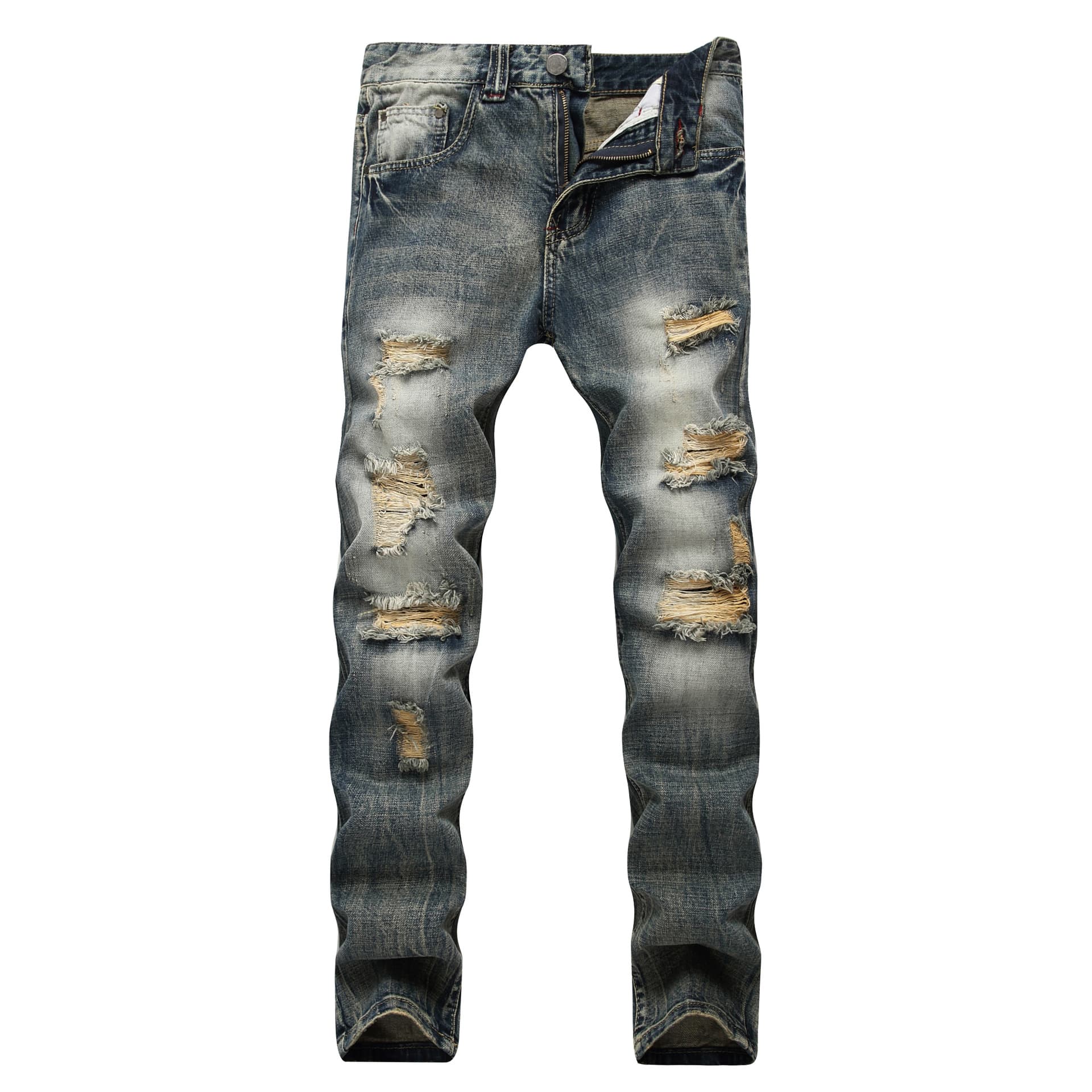 Vêtements pour hommes Jeans déchirés à jambe droite, coupe slim, non extensibles, pantalons en denim clair déchirés pour hommes