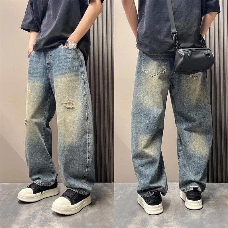 Men's Vintage Washed Distressed Denim Jeans – Relaxed Straight-Leg Baggy Pants With Ripped Details (Blue, M-Xxxl)​