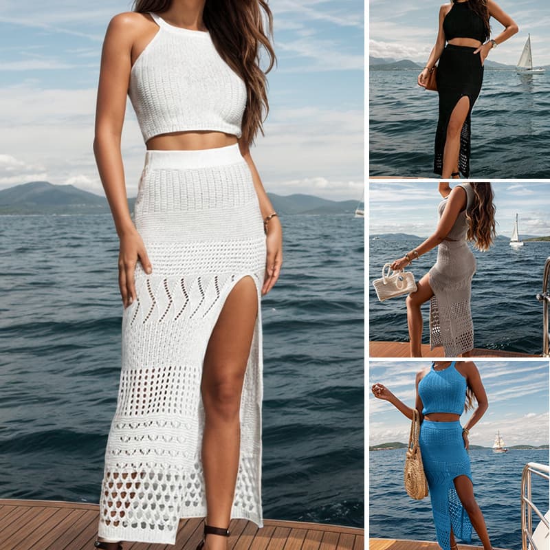 Women's Clothing Solid Color Round Neck Suspender Short Top Slit Textured Half Length Skirt Sun Protection Beach Suit