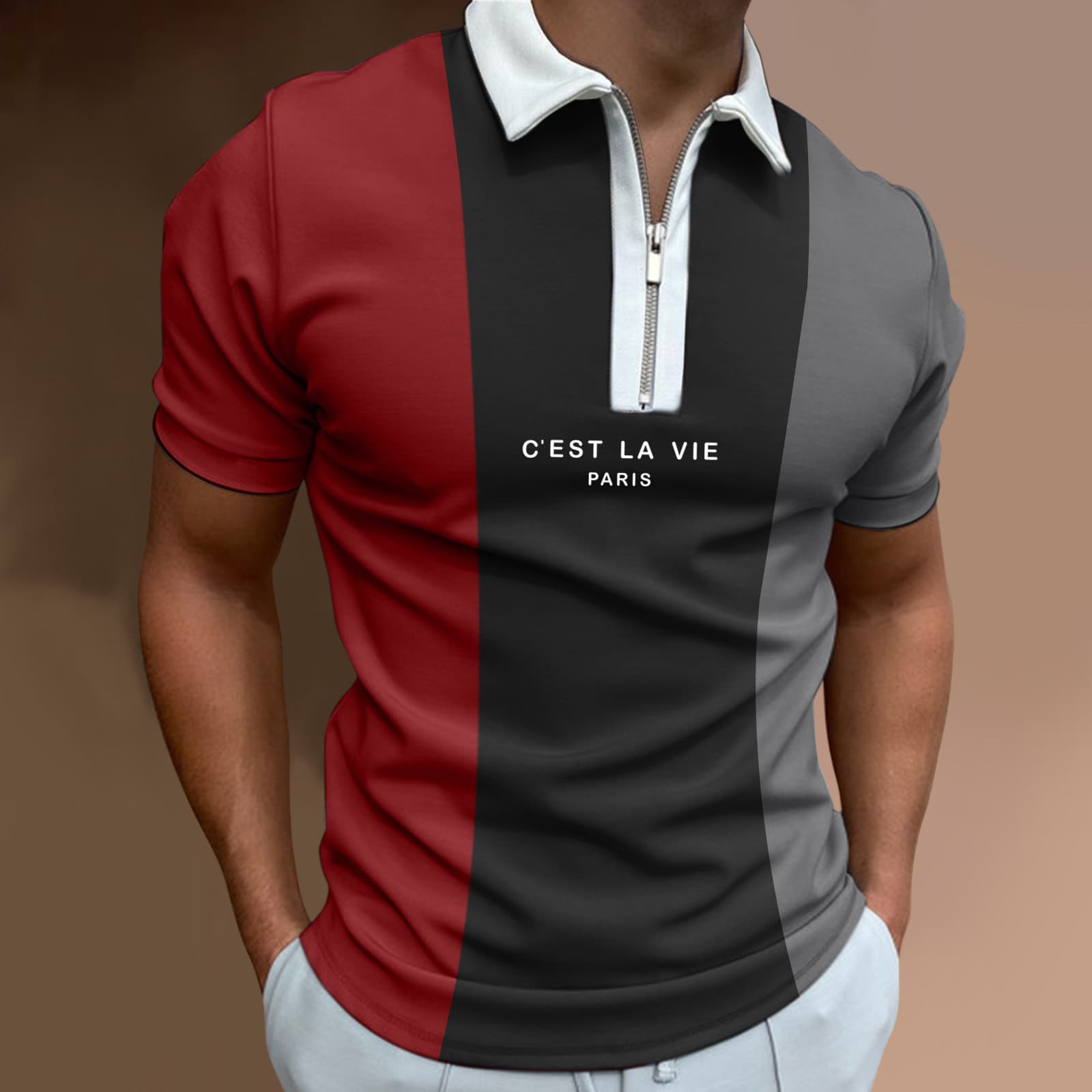 Men's Clothing Summer Men's Zipper Lapel 3D Printed Polo Shirt Multi Color Casual Color Matching Short Sleeved Polo Shirt