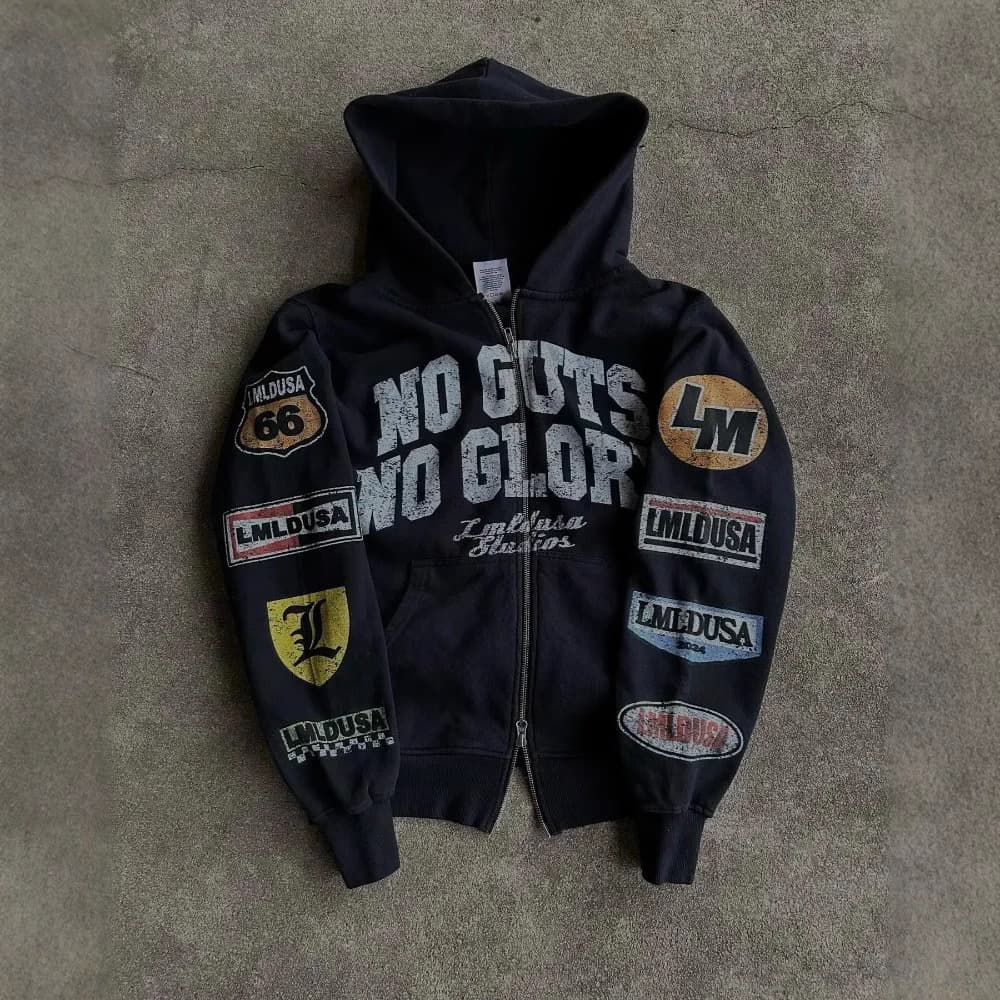 Men's Clothing Street Hip Hop Retro Print Black Zipper Hoodie Y2k Harajuku Jacket Sweatshirt