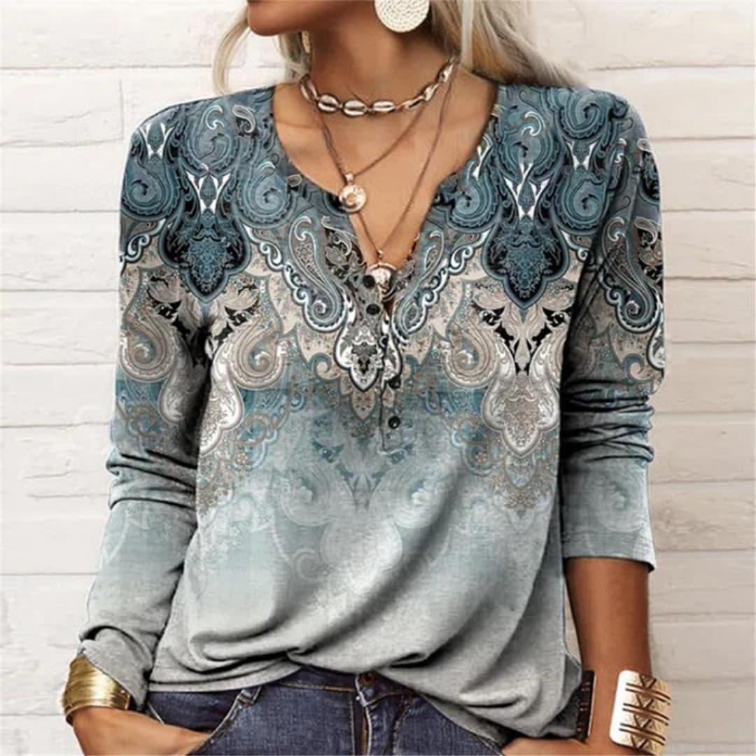 Women's Ethnic Print Long Sleeve T-Shirt - Boho Chic Fashion Top For Casual Wear