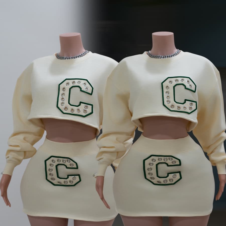 Women's Clothing Women's Fashion Embroidered Sweatshirt And Skirt Set European American Style Autumn Collection 3D Letter Design