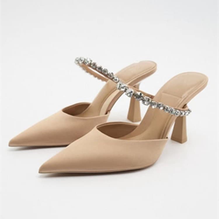 2025 Summer New Large Women's Shoes Casual Water Diamond Pointed Toe Wrapped Thin High Heel Slippers For Women