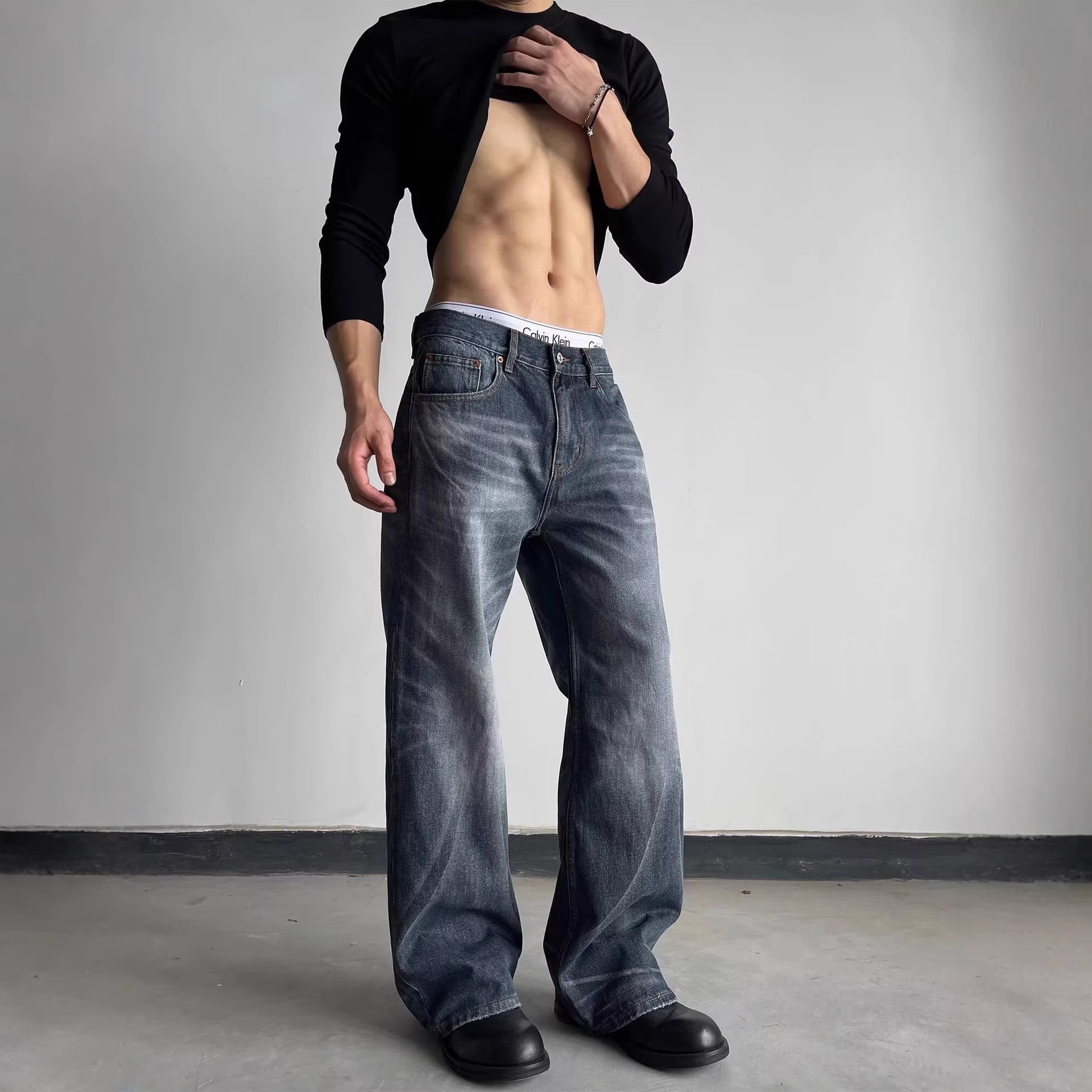 Men's Clothing Blue Retro Straight Leg Jeans High Street Style Slim Fit Mid Waist Long Pants Versatile Cotton Flared Wide Leg