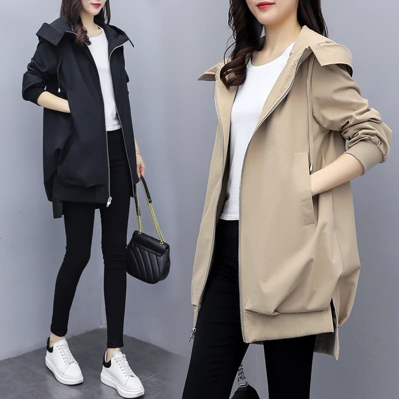 Women's Clothing Casual Temperament Khaki Slim Hooded Windbreaker Women's Jacket Mid Length Loose Black