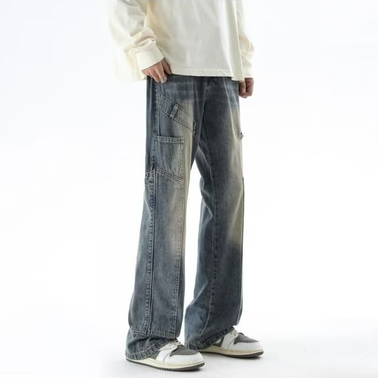 Men's Clothing High Street Zipper Jeans Men And Women Retro Loose Straight Wide Leg Mopping Pants