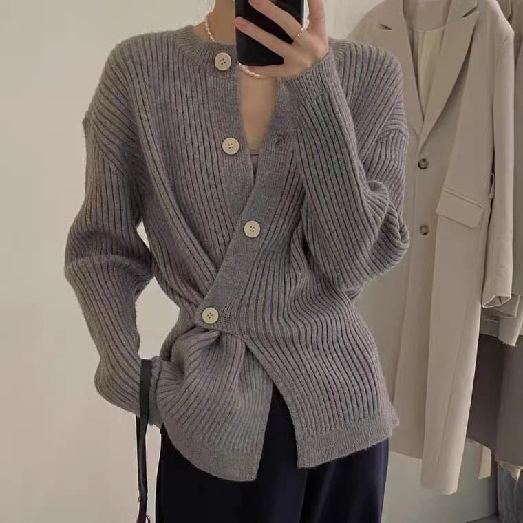 Knit Cardigan With Asymmetrical Side Buttons - Women's Fashionable Long-Sleeve Open Front Sweater For Autumn/Winter