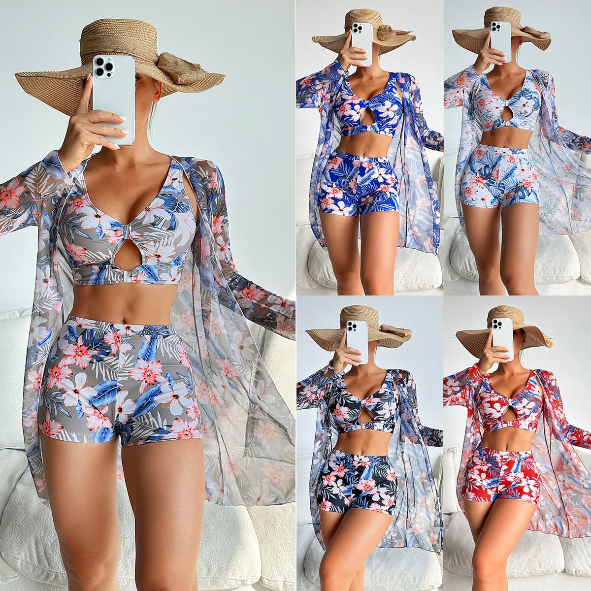 Women's Clothing Sexy multicolor print three-piece bikini for women