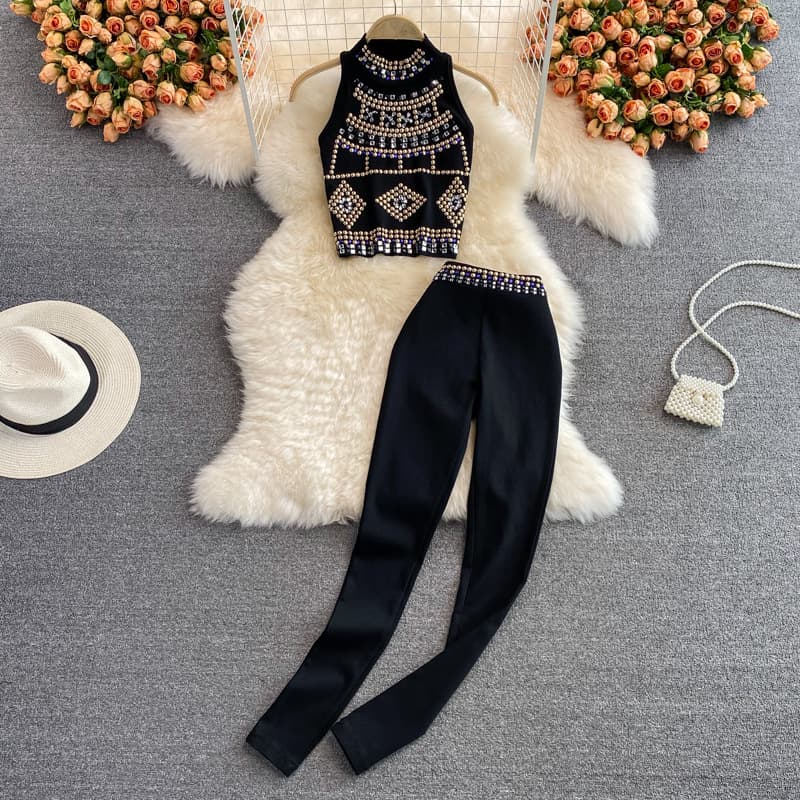 Women Sleeveless vest women's two-piece set high waisted elastic leg pants