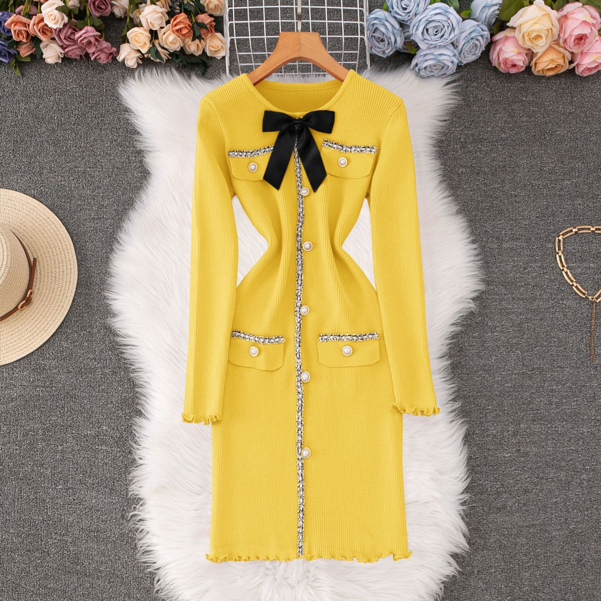 ​Elegant Bow-Knot Knit Dress With Ruffled Hem & Long Sleeves – Slim Fit Winter Short Dress For Women (Yellow/White/Black/Red, S/M/L/XL)​