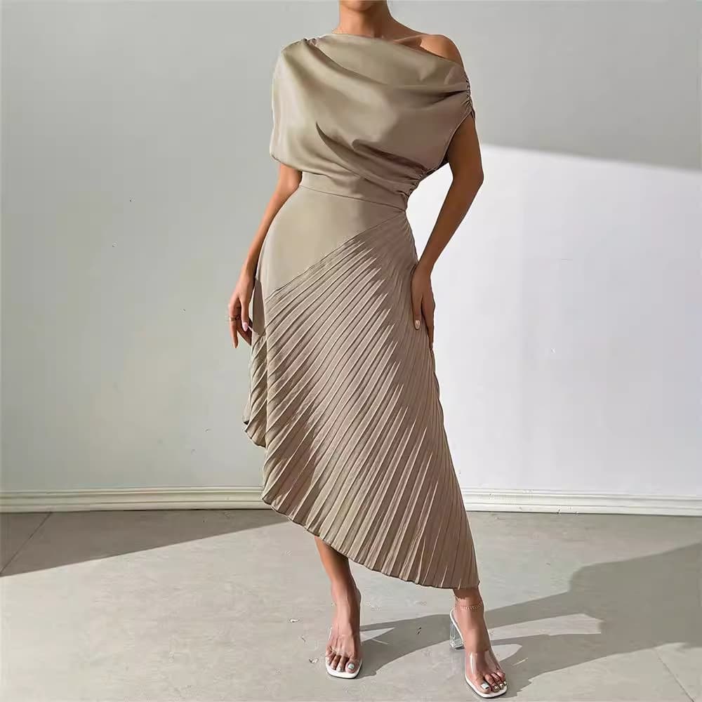 Women's Clothing summer new elegant oblique shoulder one shoulder neck pleated hip wrapped design irregular dress for women