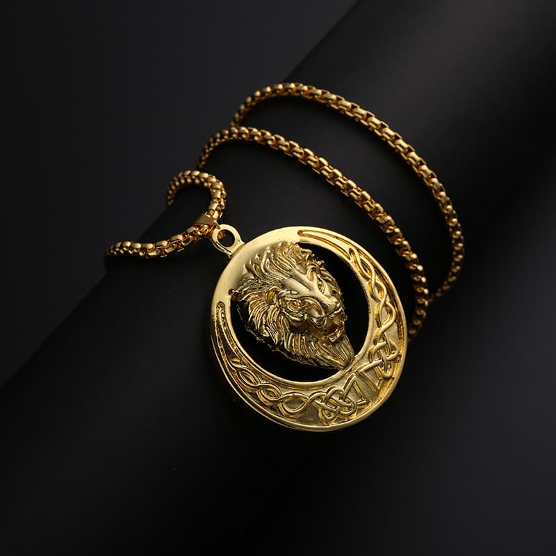 Real Gold Electroplated Round Lion Head Hip Hop Men's Necklace