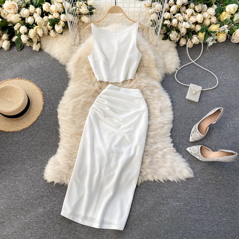 Women's Clothing lady internet celebrity suit solid color round neck vest short top high waist hip wrapped mid length skirt two piece suit