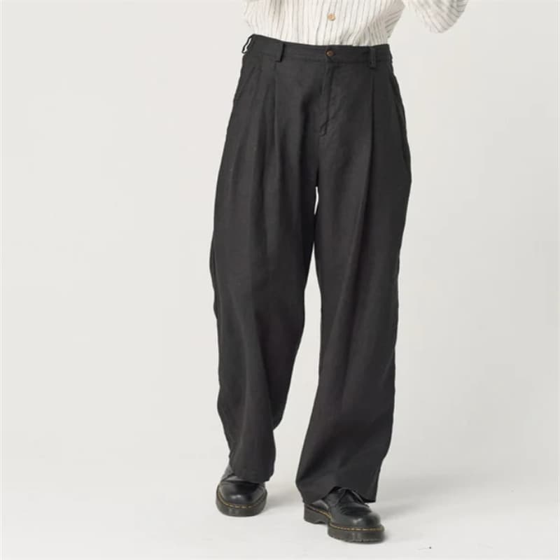 Men's Clothing Men's Wide Leg Linen Breathable Solid Color Pleated Pocket High Waist Casual Trousers