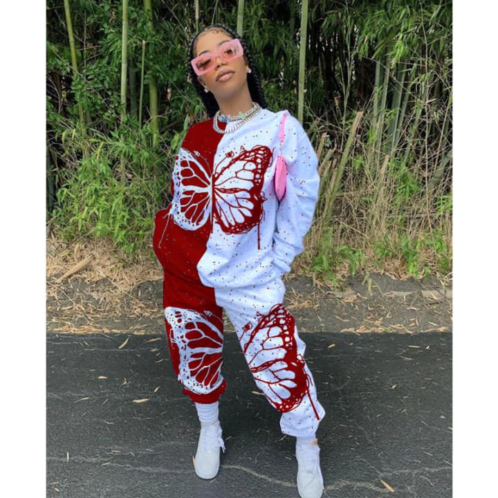 Spring And Autumn Women's Clothing Butterfly Print Popular Long-sleeved Casual Pants Fashion Suit