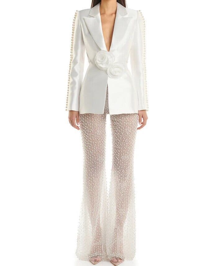 Spot 2024 Spring and Summer New Style Hollow Beaded Three Dimensional Flower Suit Pearl Sequin Mesh Trousers Set