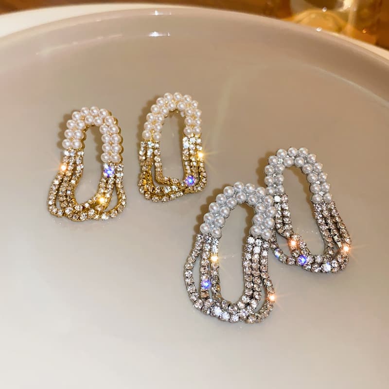 925S Silver Needle Crystal Rhinestone Diamond Pearl Elliptical Tassel Earrings Luxury Ear studs Women's Jewelry Accessories