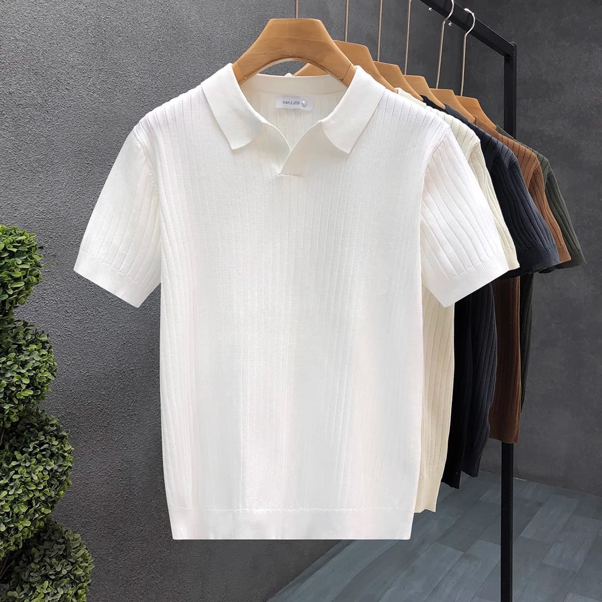 Men's V-Neck Polo Shirt - Breathable Knit Business Casual T-Shirt With Stripe & Seagull Collar, Plus Size Available